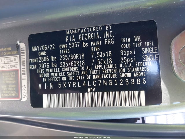 5XYRL4LC7NG123386 KIA SORENTO S