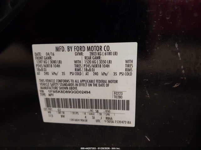 44257353 :رقم المزاد ، 1FM5K8D89GGD02494 vin ، 2016 Ford Explorer Xlt مزاد بيع