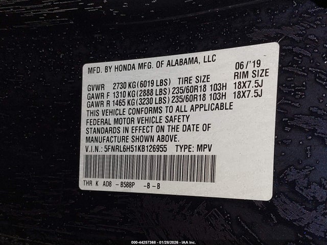 5FNRL6H51KB126955 Honda ODYSSEY EX