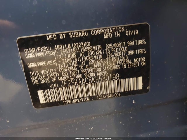 Продаж на аукціоні авто 2019 Subaru Forester, vin: JF2SKAAC8KH580198, номер лоту: 44257415