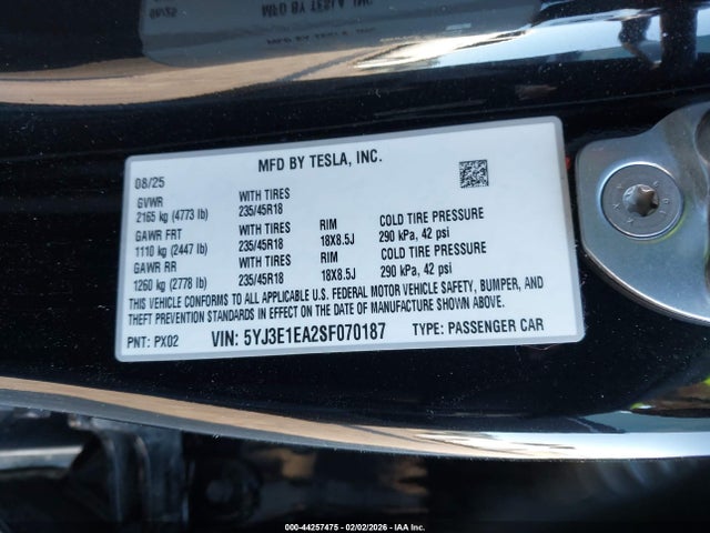 Продаж на аукціоні авто 2025 Tesla Model 3 Long Range Rear-wheel Drive/standard Rear-wheel Drive, vin: 5YJ3E1EA2SF070187, номер лоту: 44257475