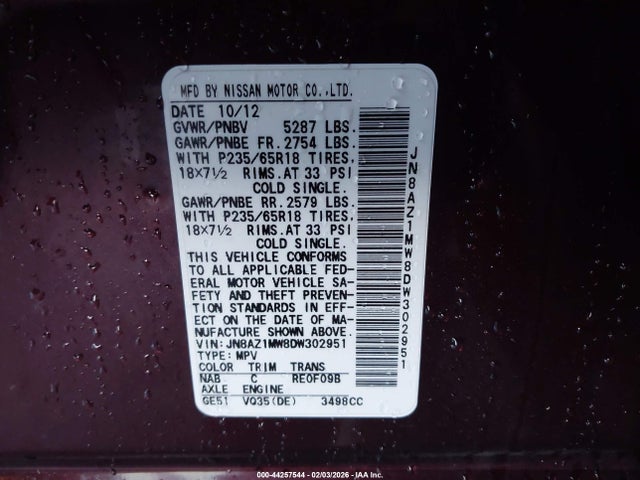 44257544 :رقم المزاد ، JN8AZ1MW8DW302951 vin ، 2013 Nissan Murano Sl مزاد بيع