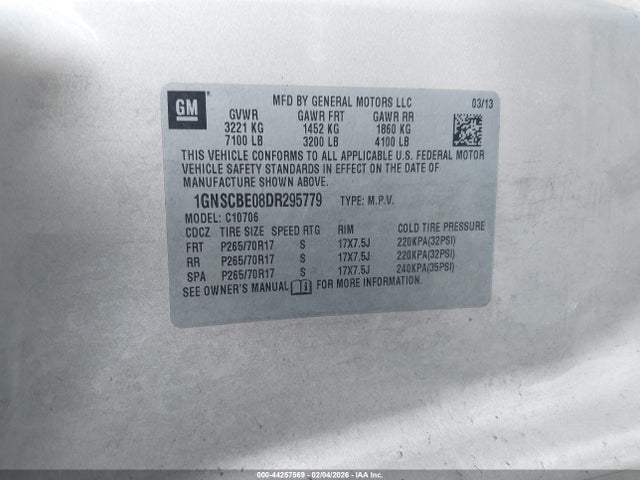 44257569 :رقم المزاد ، 1GNSCBE08DR295779 vin ، 2013 Chevrolet Tahoe Lt مزاد بيع