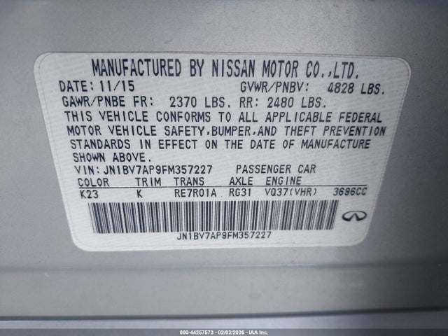 44257573 :رقم المزاد ، JN1BV7AP9FM357227 vin ، 2015 Infiniti Q50 Premium/sport مزاد بيع