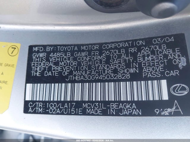 Aukcja sprzedaży 2004 Lexus Es 330, vin: JTHBA30G945032828, numer aukcji: 44257602