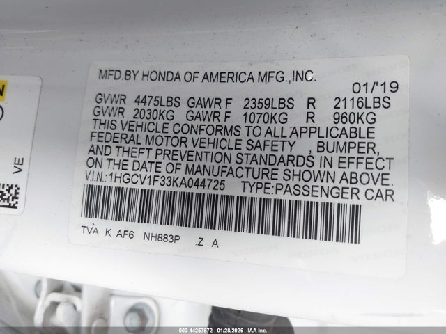 1HGCV1F33KA044725 Honda Accord Sport