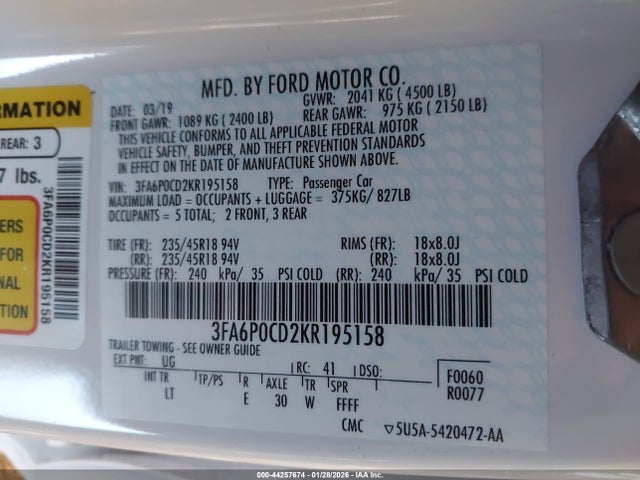 2019 FORD FUSION 3FA6P0CD2KR195158 Photo 8