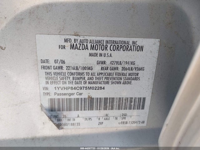 Продажа на аукционе авто 2007 Mazda Mazda6 I Sport Ve, vin: 1YVHP84C975M02284, номер лота: 44257723