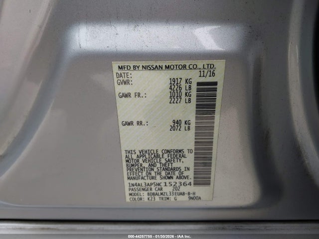 44257755 :رقم المزاد ، 1N4AL3AP5HC152364 vin ، 2017 Nissan Altima 2.5 Sv مزاد بيع