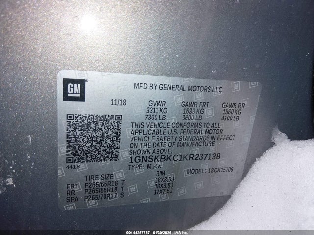 44257757 :رقم المزاد ، 1GNSKBKC1KR237138 vin ، 2019 Chevrolet Tahoe Lt مزاد بيع