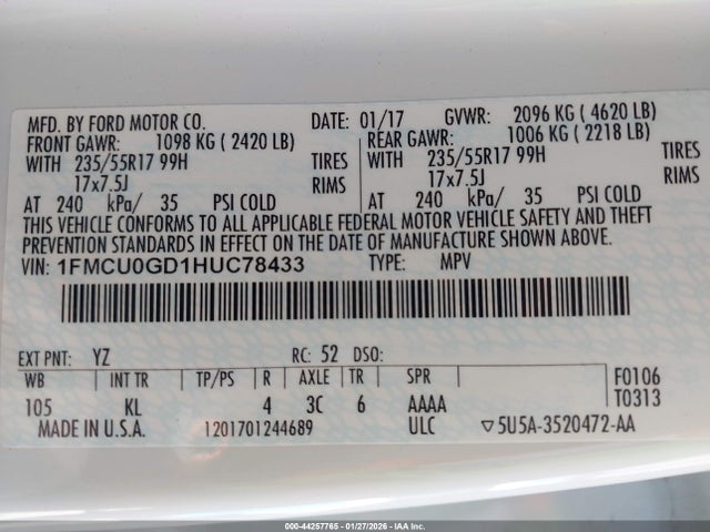 1FMCU0GD1HUC78433 Ford ESCAPE SE