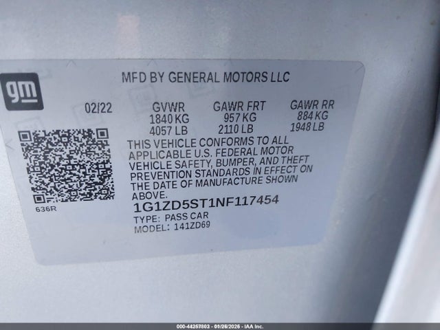 1G1ZD5ST1NF117454 Chevrolet Malibu Fwd Lt