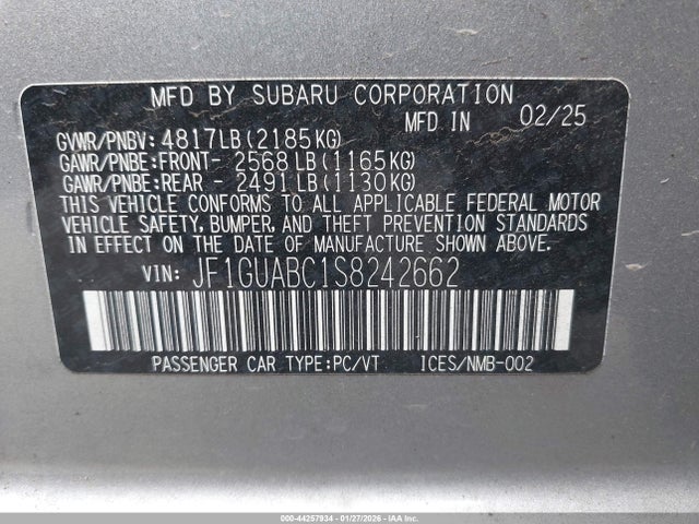 44257934 :رقم المزاد ، JF1GUABC1S8242662 vin ، 2025 Subaru Impreza Base 5-door مزاد بيع