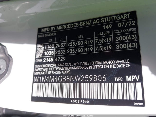 44257952 :رقم المزاد ، W1N4M4GB8NW259806 vin ، 2022 Mercedes-benz Glb 250 مزاد بيع