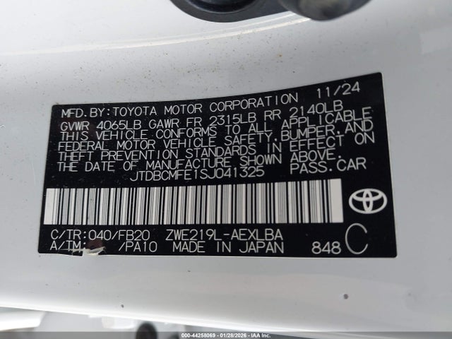 JTDBCMFE1SJ041325 Toyota Corolla Hybrid Le