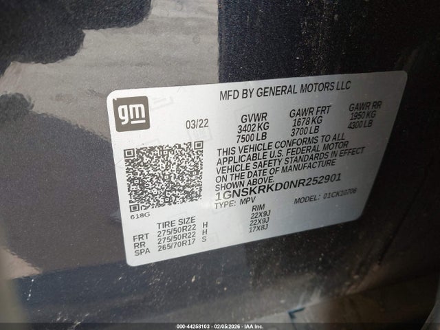1GNSKRKD0NR252901 Chevrolet Tahoe 4wd Rst