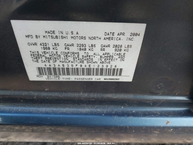 2004 MITSUBISHI GALANT 4A3AB36F04E123928 Photo 8