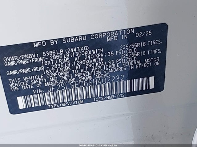 44258166 :رقم المزاد ، JF2SLSED6SH402232 vin ، 2025 Subaru Forester Premium Hybrid مزاد بيع