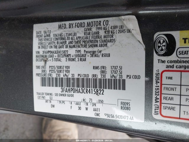 2012 FORD FUSION 3FAHP0HA3CR415822 Photo 8