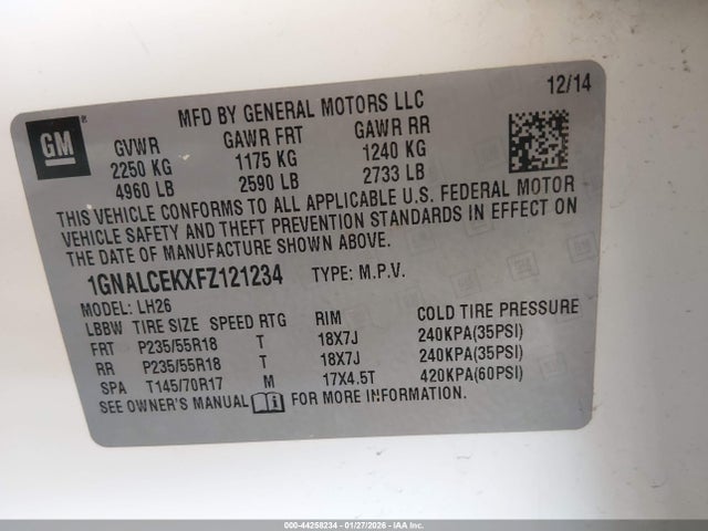 1GNALCEKXFZ121234 Chevrolet Equinox 2lt