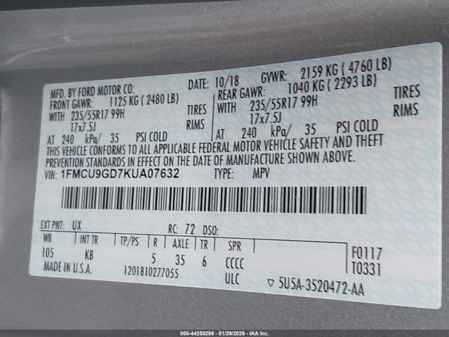 1FMCU9GD7KUA07632 Ford ESCAPE SE