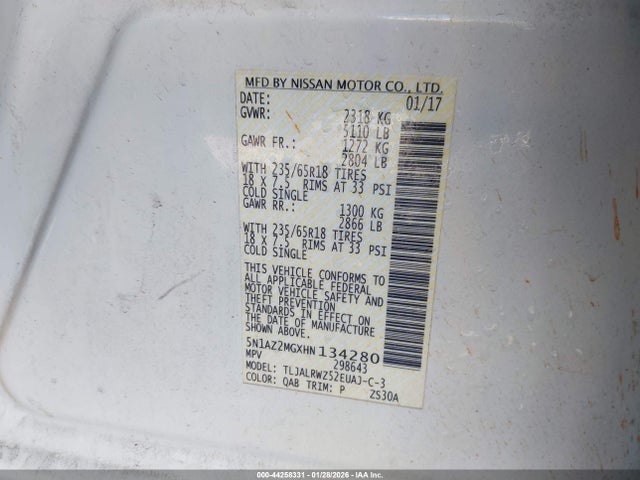 Aukcja sprzedaży 2017 Nissan Murano Sl, vin: 5N1AZ2MGXHN134280, numer aukcji: 44258331