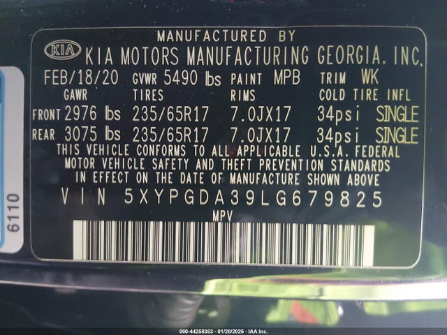 5XYPGDA39LG679825 KIA Sorento 2.4l Lx
