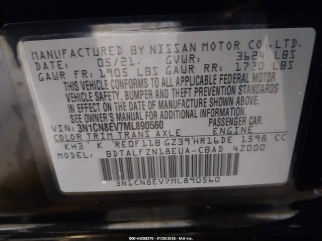 3N1CN8EV7ML890560 Nissan VERSA SV