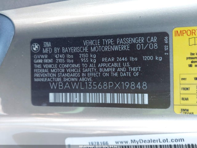 Aukcja sprzedaży 2008 Bmw 328i, vin: WBAWL13568PX19848, numer aukcji: 44258408