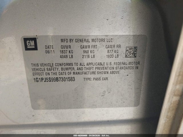 2011 Chevrolet Cruze Eco მანქანა იყიდება აუქციონზე, vin: 1G1PJ5S99B7301583, აუქციონის ნომერი: 44258469