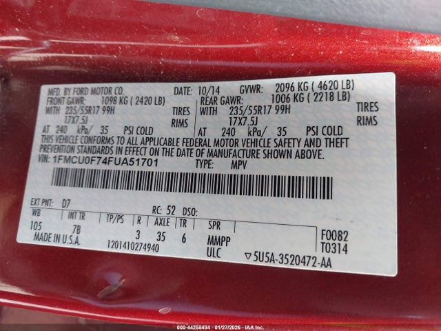 1FMCU0F74FUA51701 Ford ESCAPE S