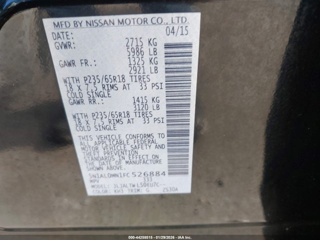 44258515 :رقم المزاد ، 5N1AL0MN1FC526884 vin ، 2015 Infiniti Qx60 مزاد بيع