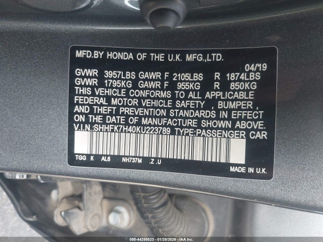 SHHFK7H40KU223789 Honda Civic Sport