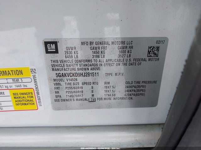 2017 Buick Enclave Premium მანქანა იყიდება აუქციონზე, vin: 5GAKVCKD9HJ281511, აუქციონის ნომერი: 44258543