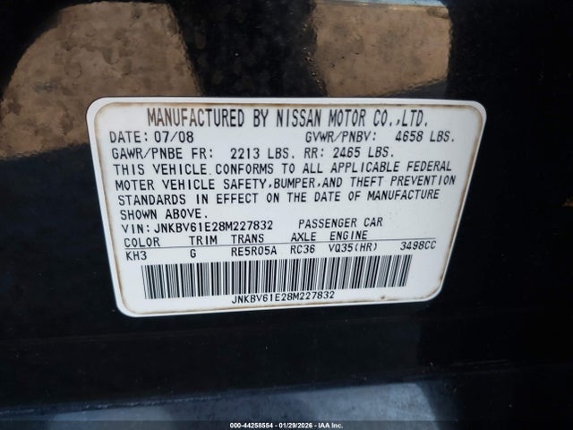 44258554 :رقم المزاد ، JNKBV61E28M227832 vin ، 2008 Infiniti G35 Journey مزاد بيع