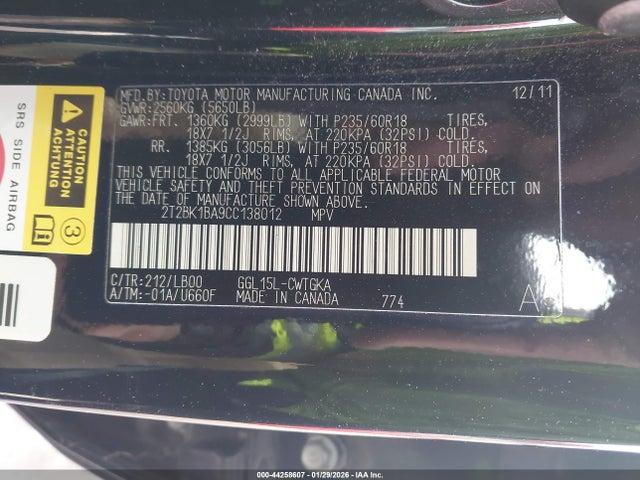 Продажа на аукционе авто 2012 Lexus Rx 350, vin: 2T2BK1BA9CC138012, номер лота: 44258607