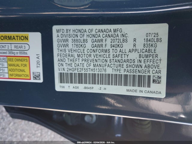 Aukcja sprzedaży 2026 Honda Civic Sport, vin: 2HGFE2F55TH513076, numer aukcji: 44258624
