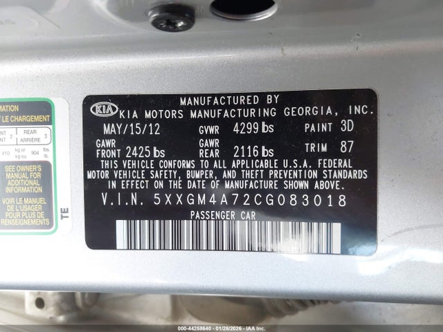 Aukcja sprzedaży 2012 Kia Optima Lx, vin: 5XXGM4A72CG083018, numer aukcji: 44258640