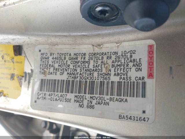 44258654 :رقم المزاد ، JTHBF30GX30107565 vin ، 2003 Lexus Es 300 مزاد بيع