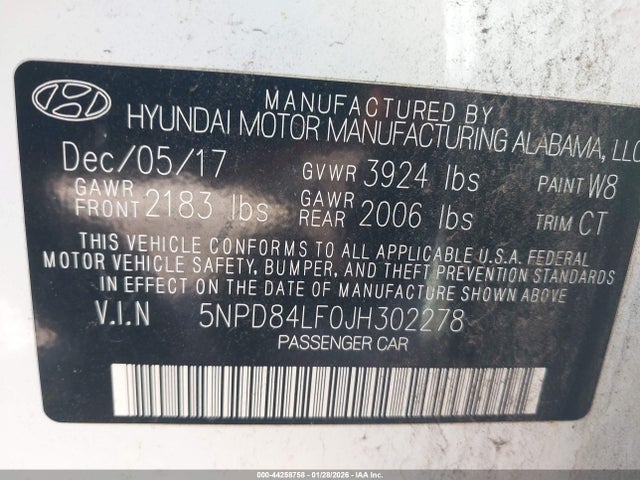 5NPD84LF0JH302278 Hyundai ELANTRA SEL