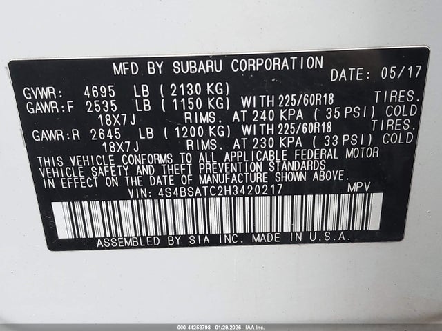 4S4BSATC2H3420217 Subaru Outback 2.5i Touring