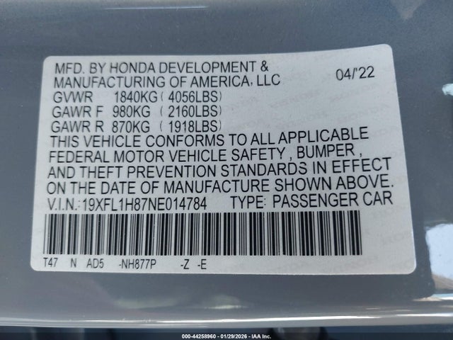 2022 HONDA CIVIC 19XFL1H87NE014784 Photo 8