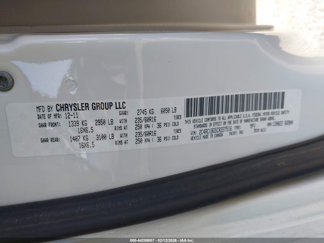 Продаж на аукціоні авто 2012 Chrysler Town & Country Touring, vin: 2C4RC1BG5CR227516, номер лоту: 44259007