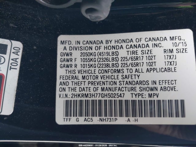 2HKRM3H77GH502547 Honda Cr-v Ex-l