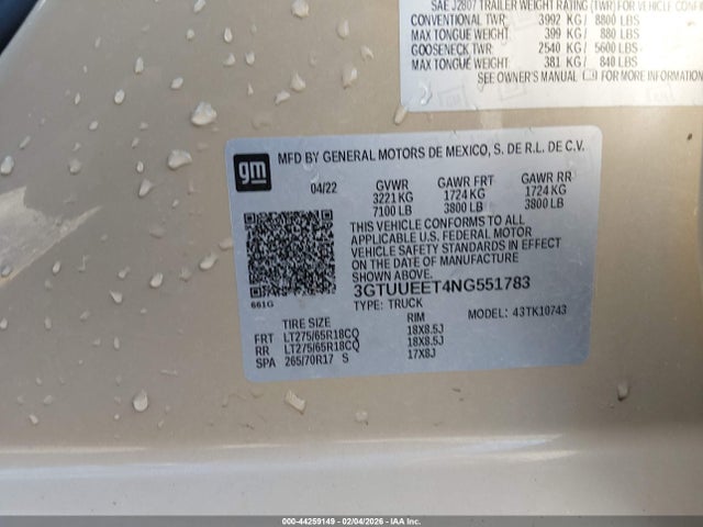 Продаж на аукціоні авто 2022 Gmc Sierra 1500 4wd  Standard Box At4, vin: 3GTUUEET4NG551783, номер лоту: 44259149