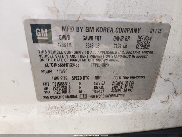 KL7CJNSB5FB139458 Chevrolet TRAX LTZ