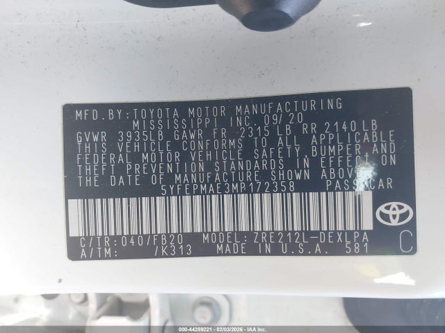 5YFEPMAE3MP172358 Toyota COROLLA LE