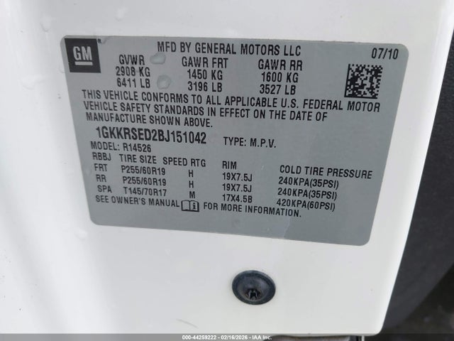 44259222 :رقم المزاد ، 1GKKRSED2BJ151042 vin ، 2011 Gmc Acadia Slt-2 مزاد بيع