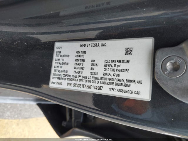 Продажа на аукционе авто 2022 Tesla Model 3 Rear-wheel Drive, vin: 5YJ3E1EA2NF144907, номер лота: 44259242