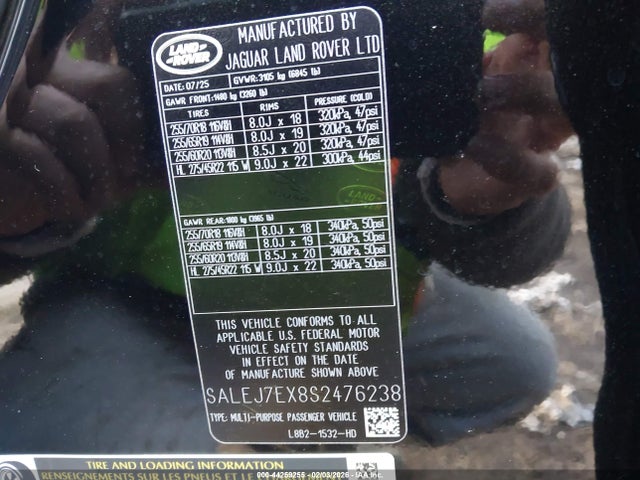 Aukcja sprzedaży 2025 Land Rover Defender 110 P300, vin: SALEJ7EX8S2476238, numer aukcji: 44259255